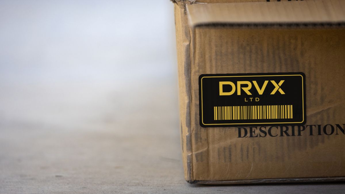 Illustrative image: a cardboard parcel carrying a black and gold DRVX label