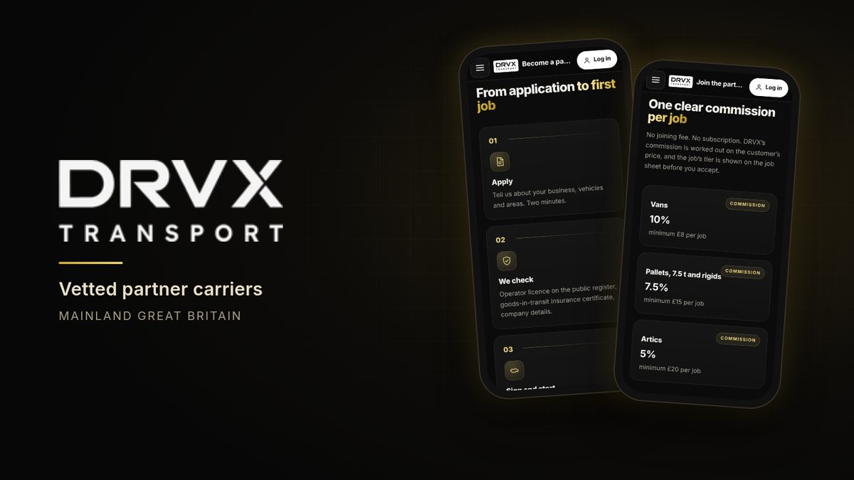 Illustrative image: DRVX Transport partner pages on two phones: how partner carriers join and the commission card