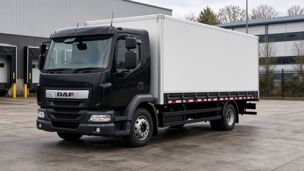 Illustrative image: 7.5 tonne lorry with a black cab and plain white box body at an industrial estate