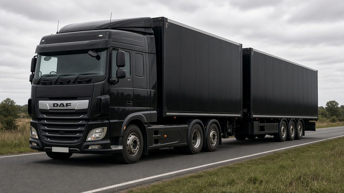 Illustrative image: plain black rigid lorry with a full-length box body towing a three-axle box drawbar trailer