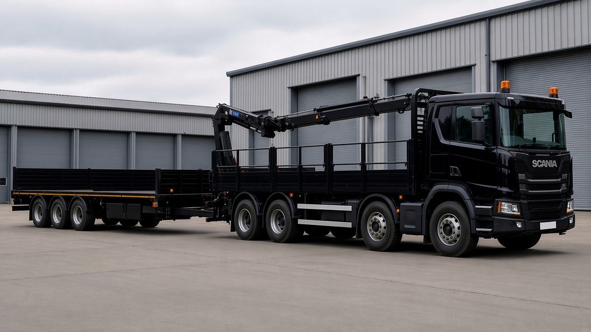 Illustrative image: empty plain black eight-wheel flatbed rigid with a loader crane at the rear, towing an empty three-axle dropside drawbar trailer
