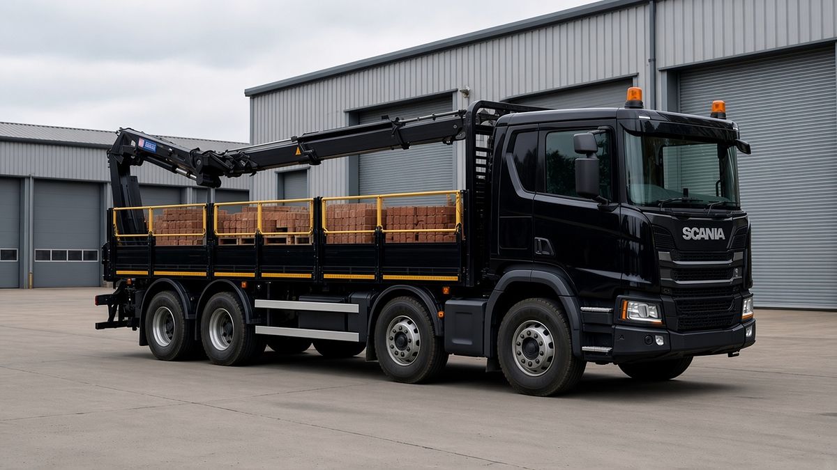 Illustrative image: plain black eight-wheel rigid lorry with a rear-mounted loader crane and a load of bricks in a warehouse yard