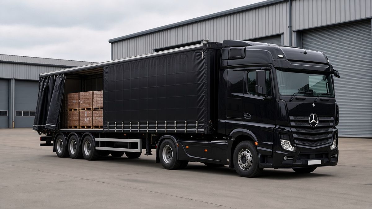 Illustrative image: plain black tractor unit and curtainsider trailer with the curtain open showing palletised goods