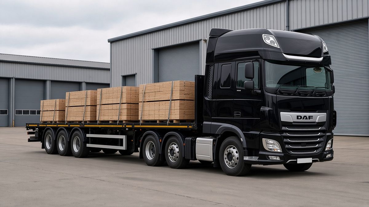 Illustrative image: plain black tractor unit with a three-axle flatbed trailer of strapped timber packs