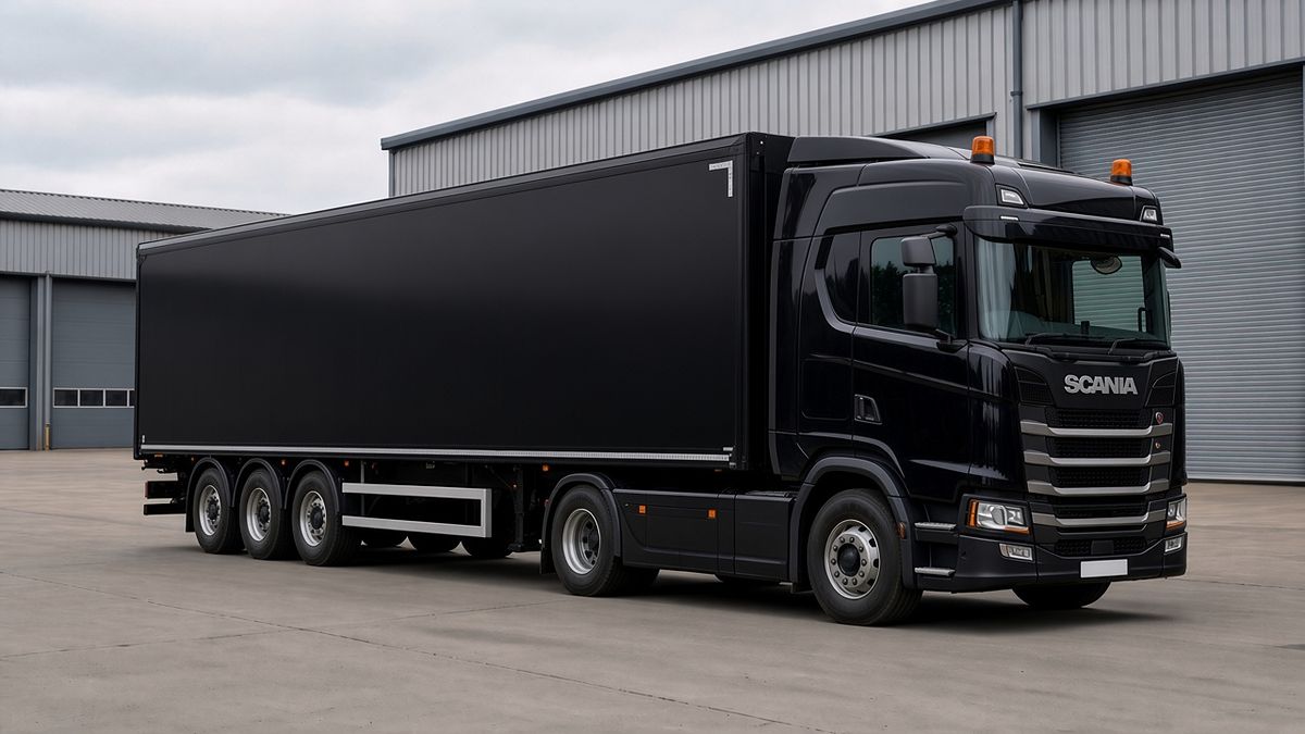 Illustrative image: plain black tractor unit and hardsided box van trailer in a distribution yard