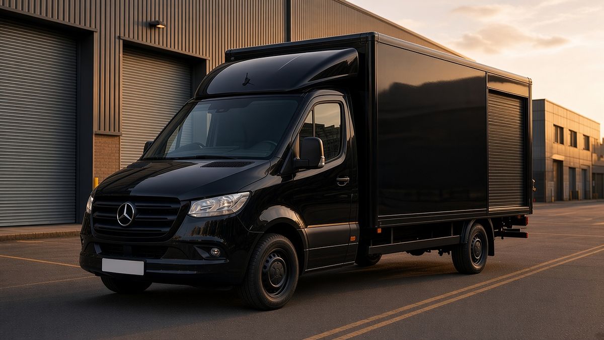 Illustrative image: plain black Luton box van outside a warehouse at sunset