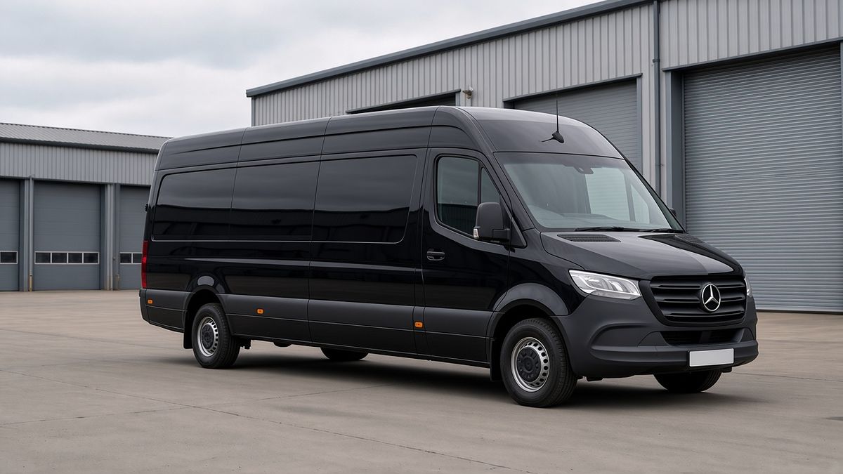 Illustrative image: plain black long wheelbase high-roof van in an industrial estate yard