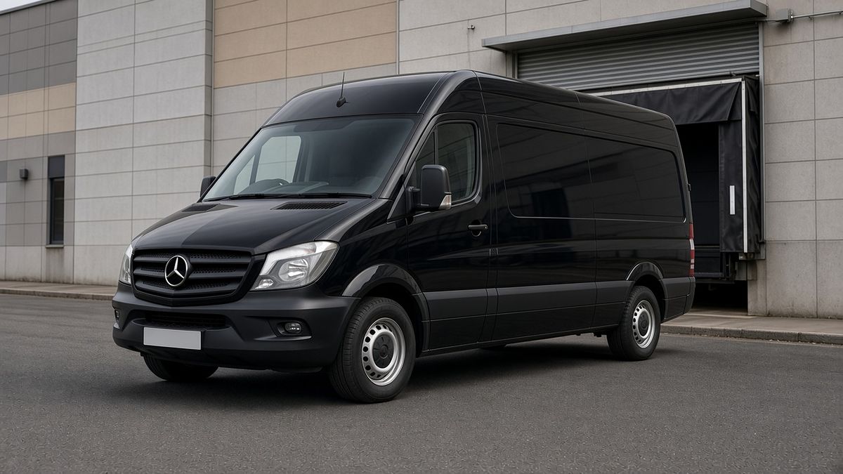 Illustrative image: plain black high-roof medium wheelbase van beside a warehouse loading bay