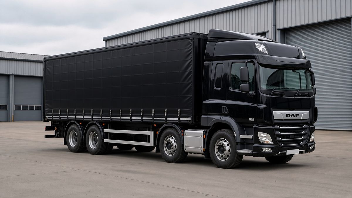 Illustrative image: plain black eight-wheel rigid lorry with a curtainside body in an industrial estate yard