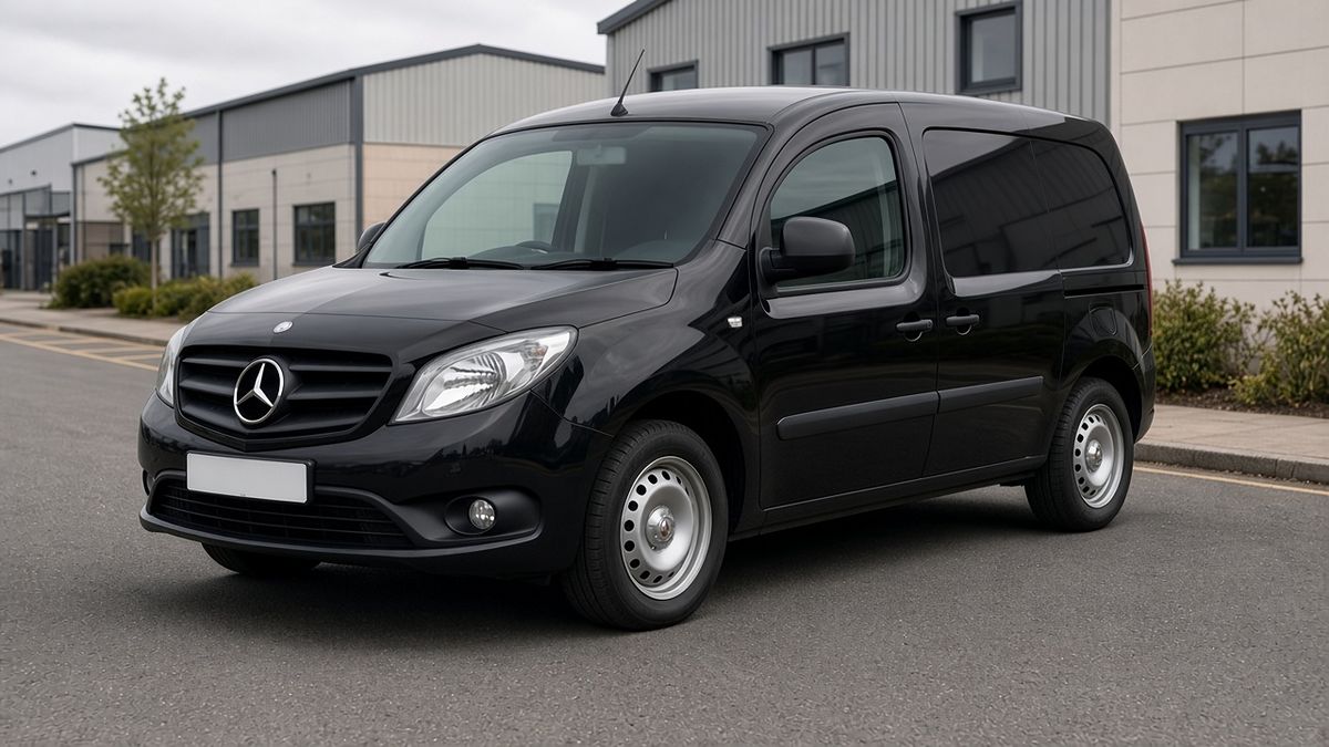 Illustrative image: plain black small panel van outside modern business units