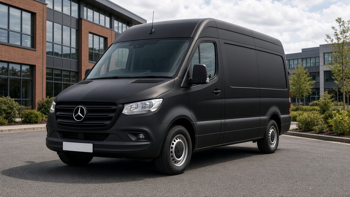 Illustrative image: plain black short wheelbase panel van outside an office building