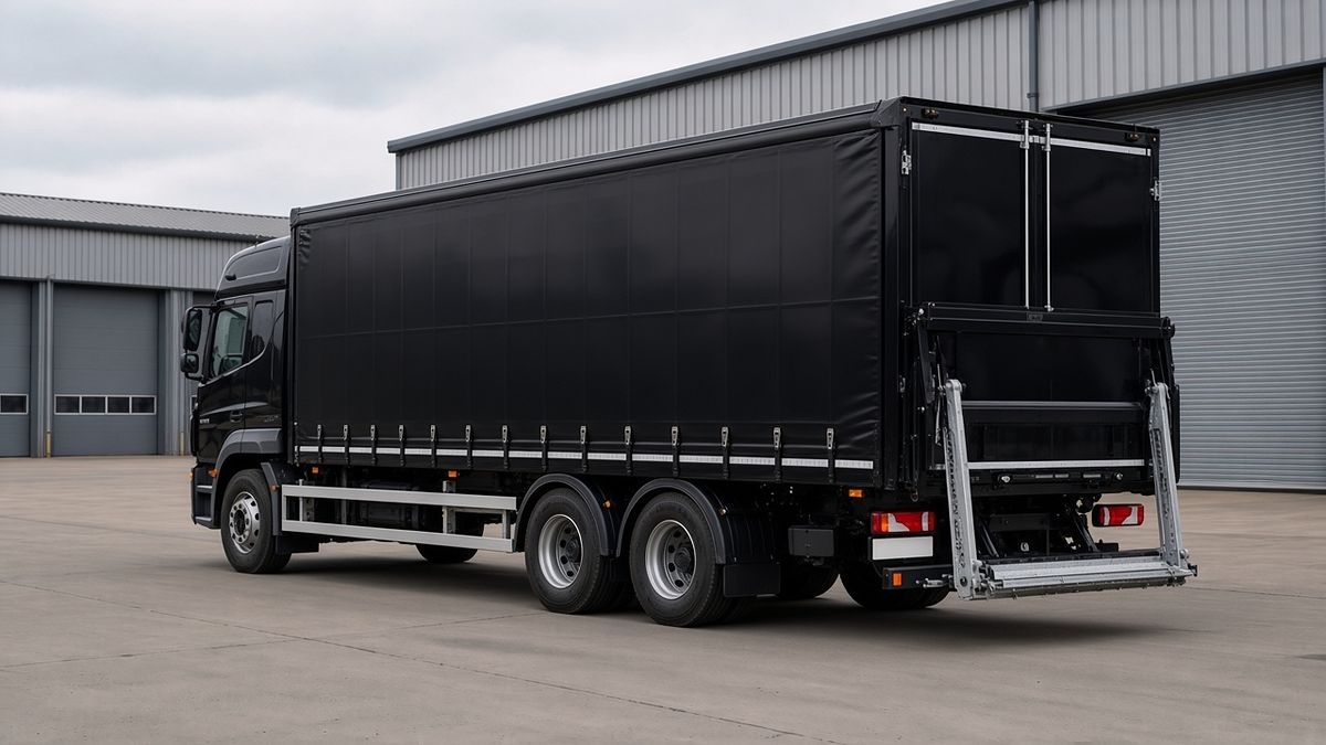 Illustrative image: rear view of a plain black curtainside rigid lorry with a tail-lift