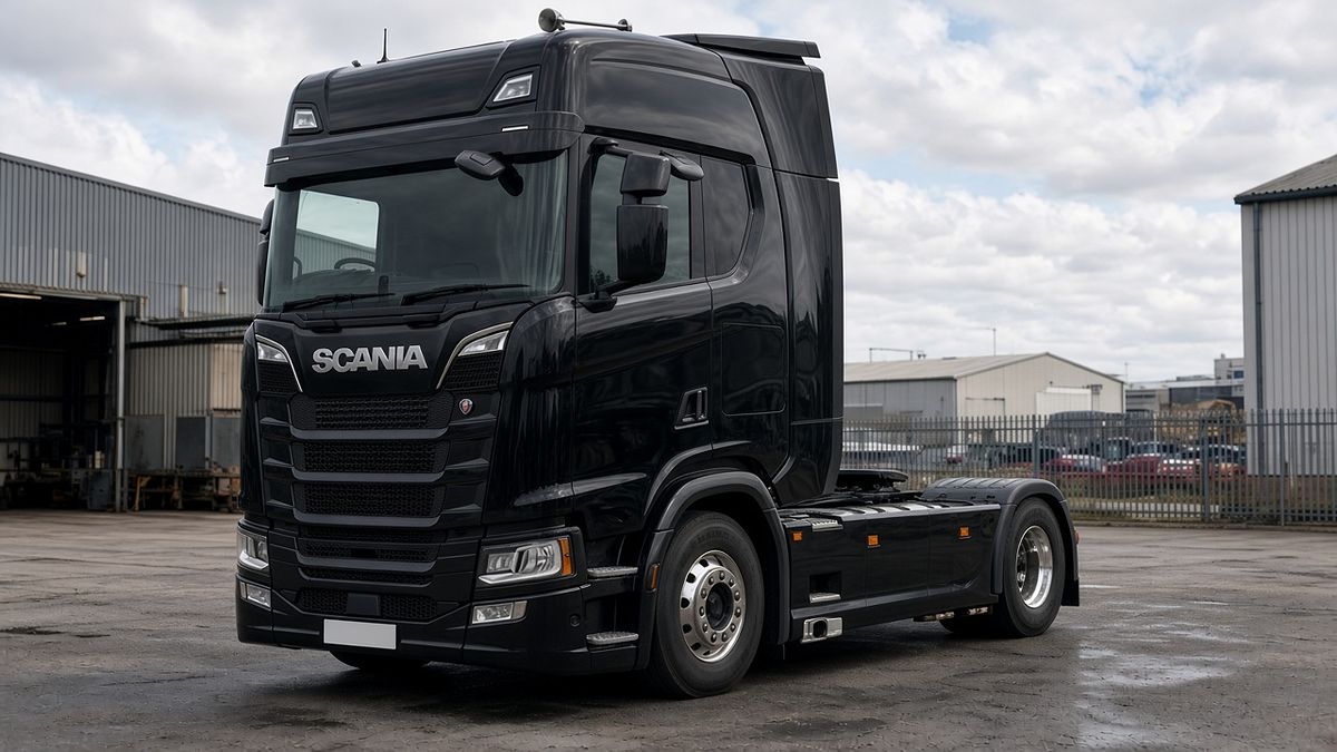 Illustrative image: plain black tractor unit without a trailer in a distribution yard